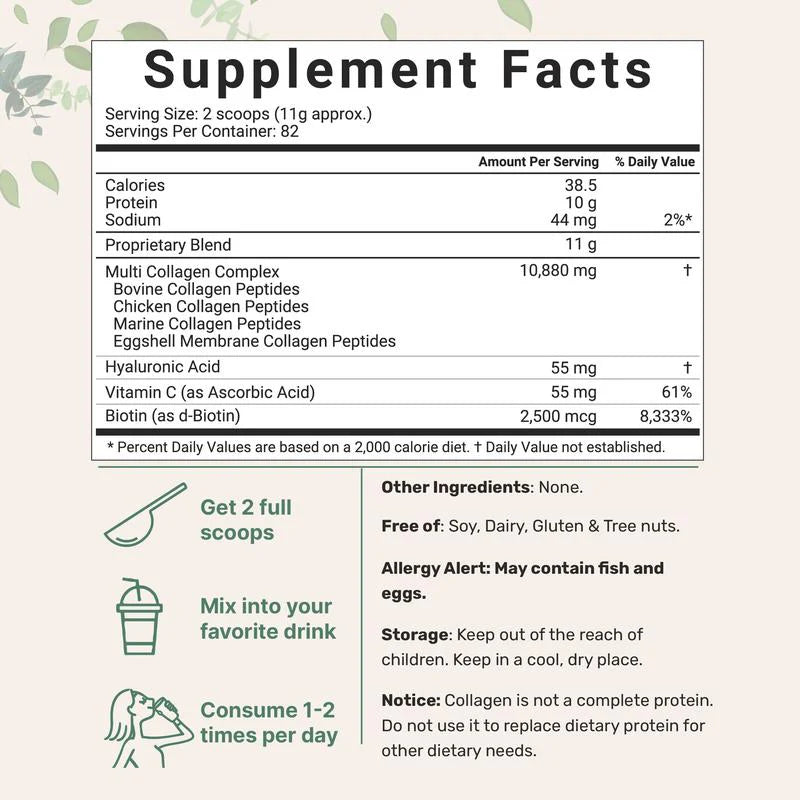 Multi Collagen Peptides - Hydrolyzed Protein Peptides with Hyaluronic Acid, Biotin & Vitamin C - Unflavored