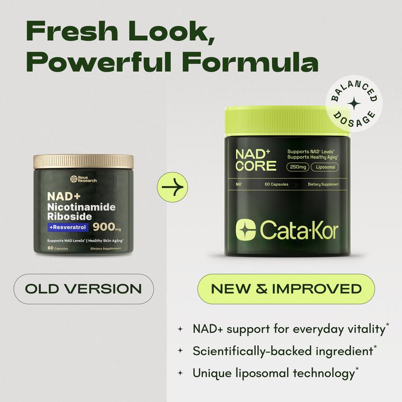 Cata-Kor 250 mg - NAD+ Supplement for Skin Aging Support, Energy, and Focus - 60 Count - Vitamin & Wellness Supplements Dietary Healthcare Edible