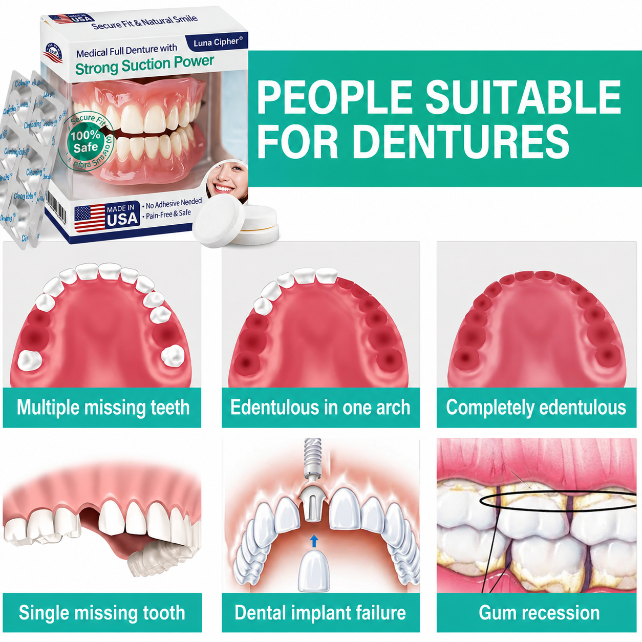 🦷Luna Cipher® Medical Full Denture with Strong Suction ✅ Made and Shipped from the（USA）