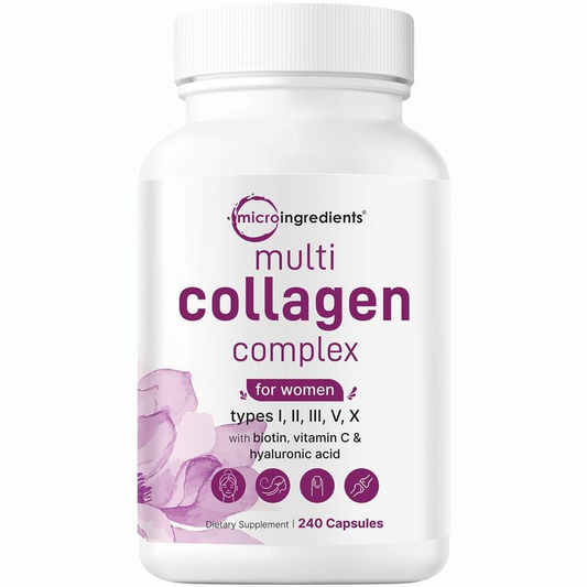 Microingredients Multi Collagen Complex, 240 Capsules | Type I, II, III, V, X with Hyaluronic Acid, Biotin, Vitamin C | Hydrolyzed Protein Peptides