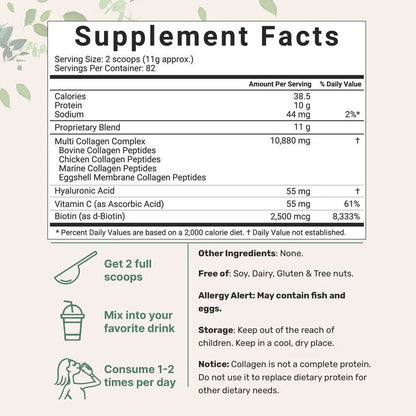 Multi Collagen Peptides  - Hydrolyzed Protein Peptides  with Hyaluronic Acid, Biotin & Vitamin C - Unflavored