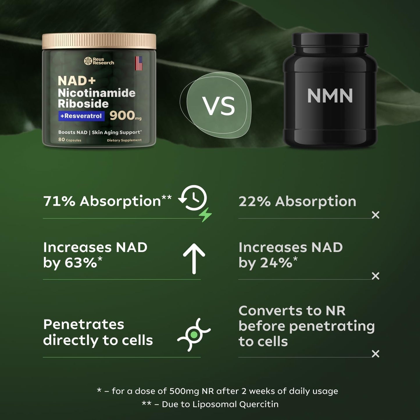 -Reus Research NR900 - NAD+ Supplement for Skin Aging Support, Energy, and Focus - 80 Count - Vitamin & Wellness Supplements Dietary