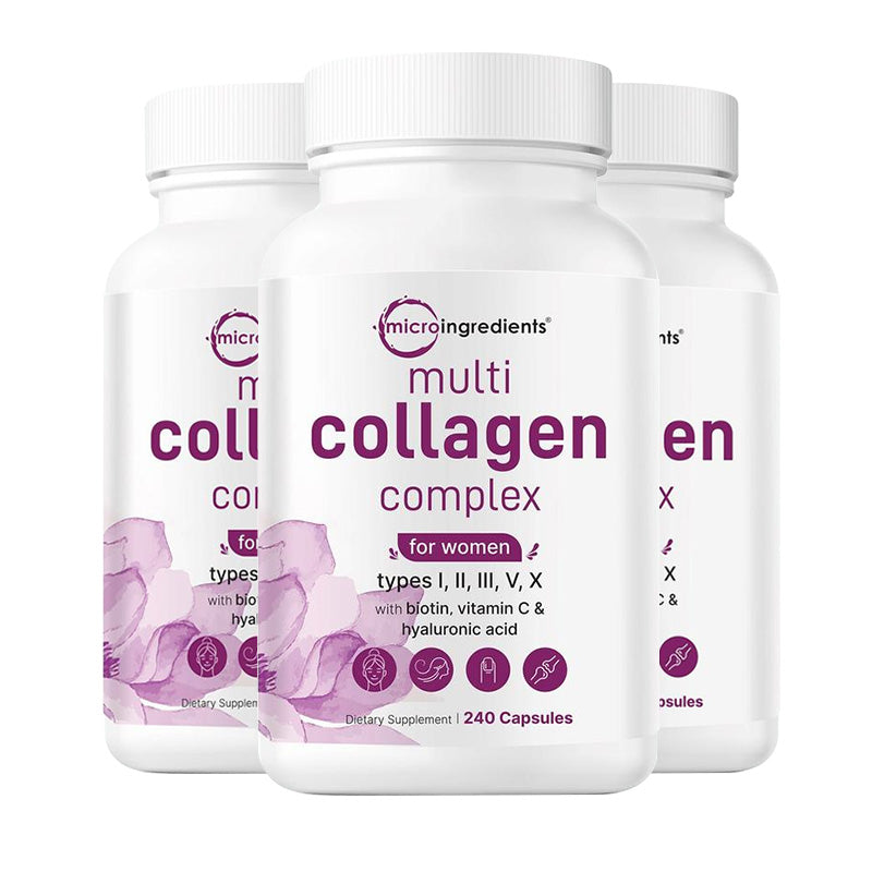 Microingredients Multi Collagen Complex, 240 Capsules | Type I, II, III, V, X with Hyaluronic Acid, Biotin, Vitamin C | Hydrolyzed Protein Peptides