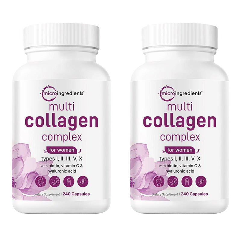 Microingredients Multi Collagen Complex, 240 Capsules | Type I, II, III, V, X with Hyaluronic Acid, Biotin, Vitamin C | Hydrolyzed Protein Peptides