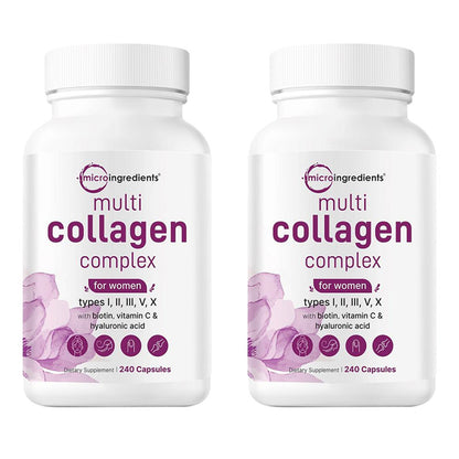 Microingredients Multi Collagen Complex, 240 Capsules | Type I, II, III, V, X with Hyaluronic Acid, Biotin, Vitamin C | Hydrolyzed Protein Peptides