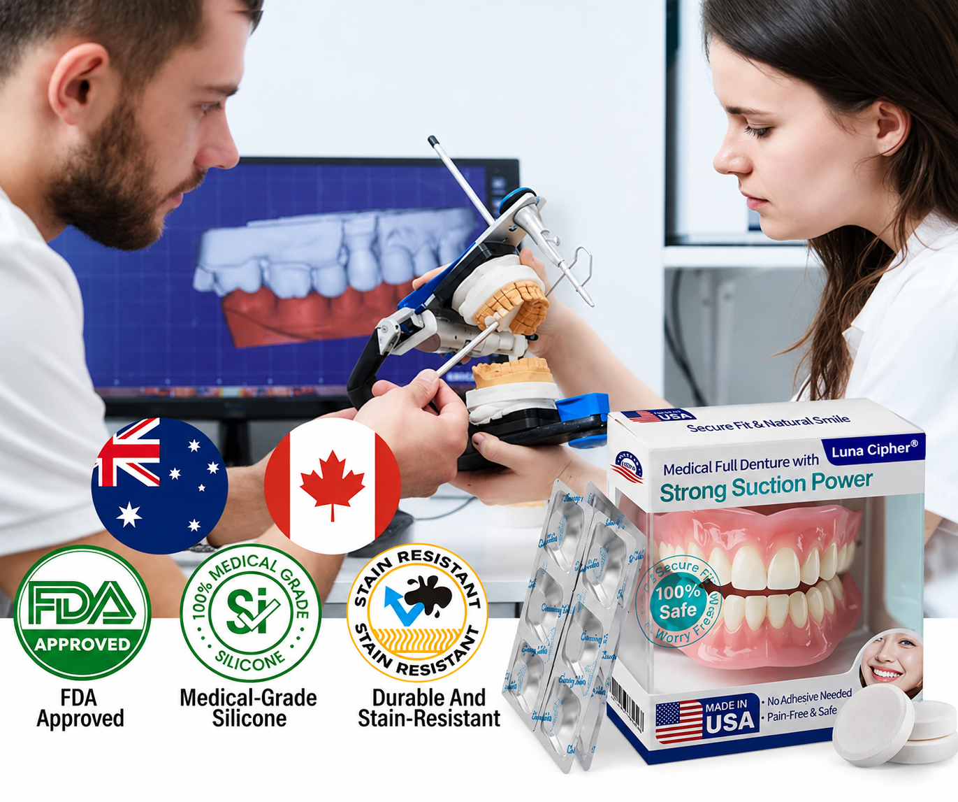 🦷Luna Cipher® Medical Full Denture with Strong Suction ✅ Made and Shipped from the（USA）